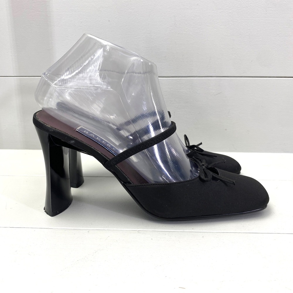 Vtg 90s Bakers Lifestyle Black Satin Bow Mules Womens 7B Square Toe Block Heel 7